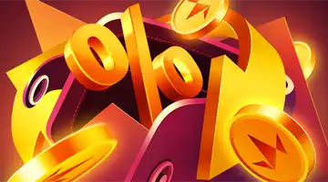 Изображение золотого символа процента в окружении золотых монет, символизирующее кэшбэк-бонус в Казино Авокадо.